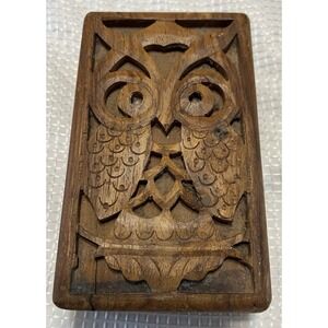 Vintage Hand Carved Wooden Rectangular Decorative Box Owl Floral Pattern, Small